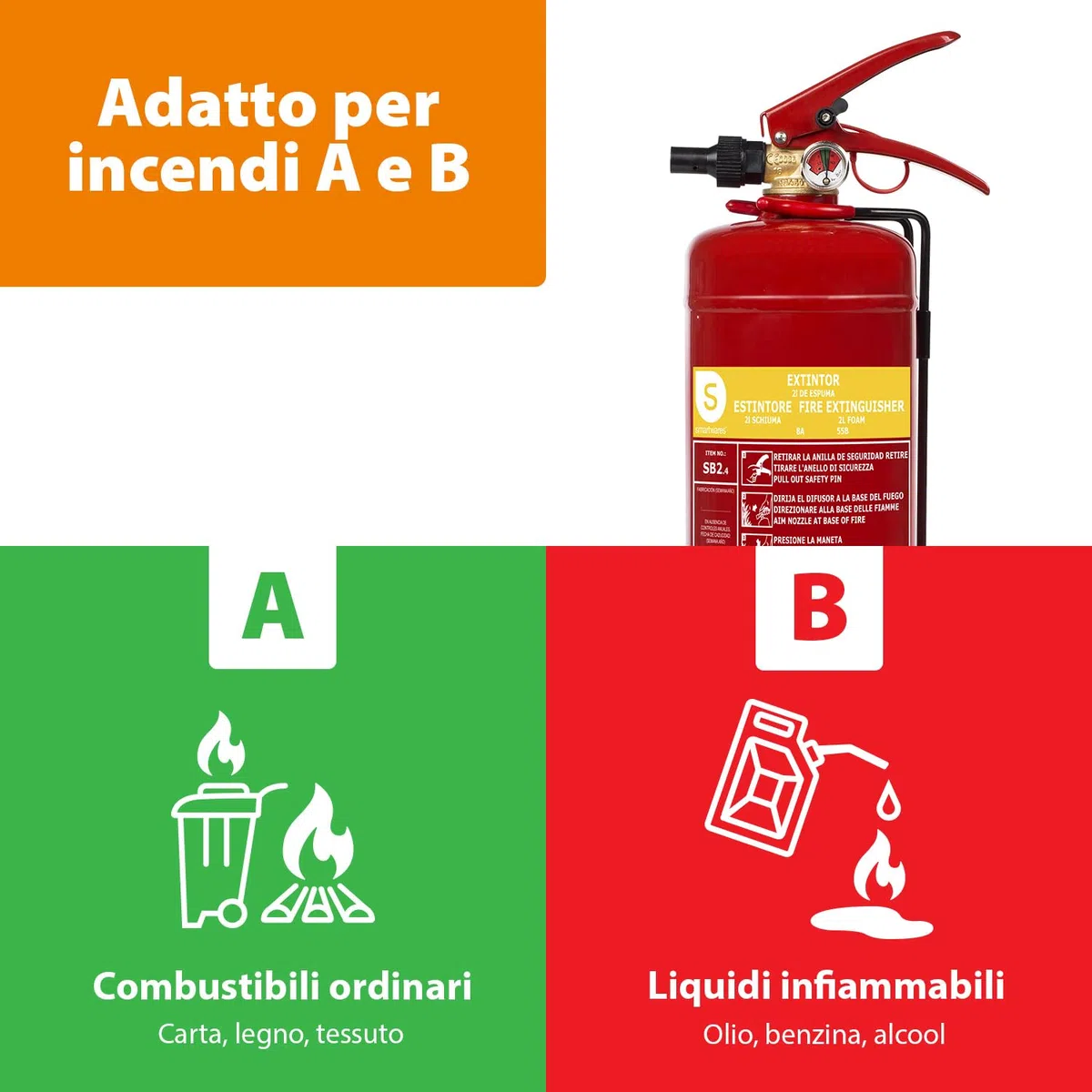 Smartwares Estintore a Schiuma - 2 Litri - AB - Incluso Supporto, Certificato BSI - FEX-15222, rosso