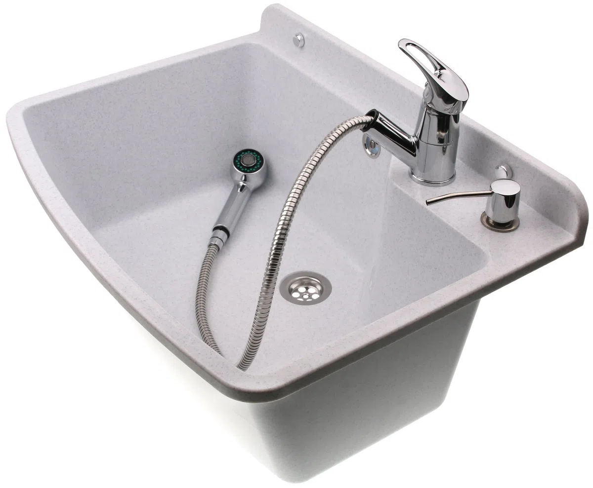 ADGO Lavello da Cucina a Camera Profonda per Uso Domestico con Batteria, Rubinetto e Contenitore per Dispenser di Sapone, per Giardino, Garage, Cantina, Bagni, Officina, Fabbrica Industriale, Bianco