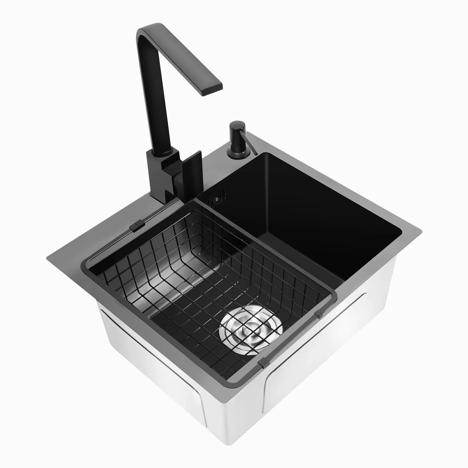 Lavello da cucina, nero, 45 x 40 cm, 1 vasca, in acciaio inox, rettangolare, moderno, con scolapiatti, rubinetto, dispenser di sapone