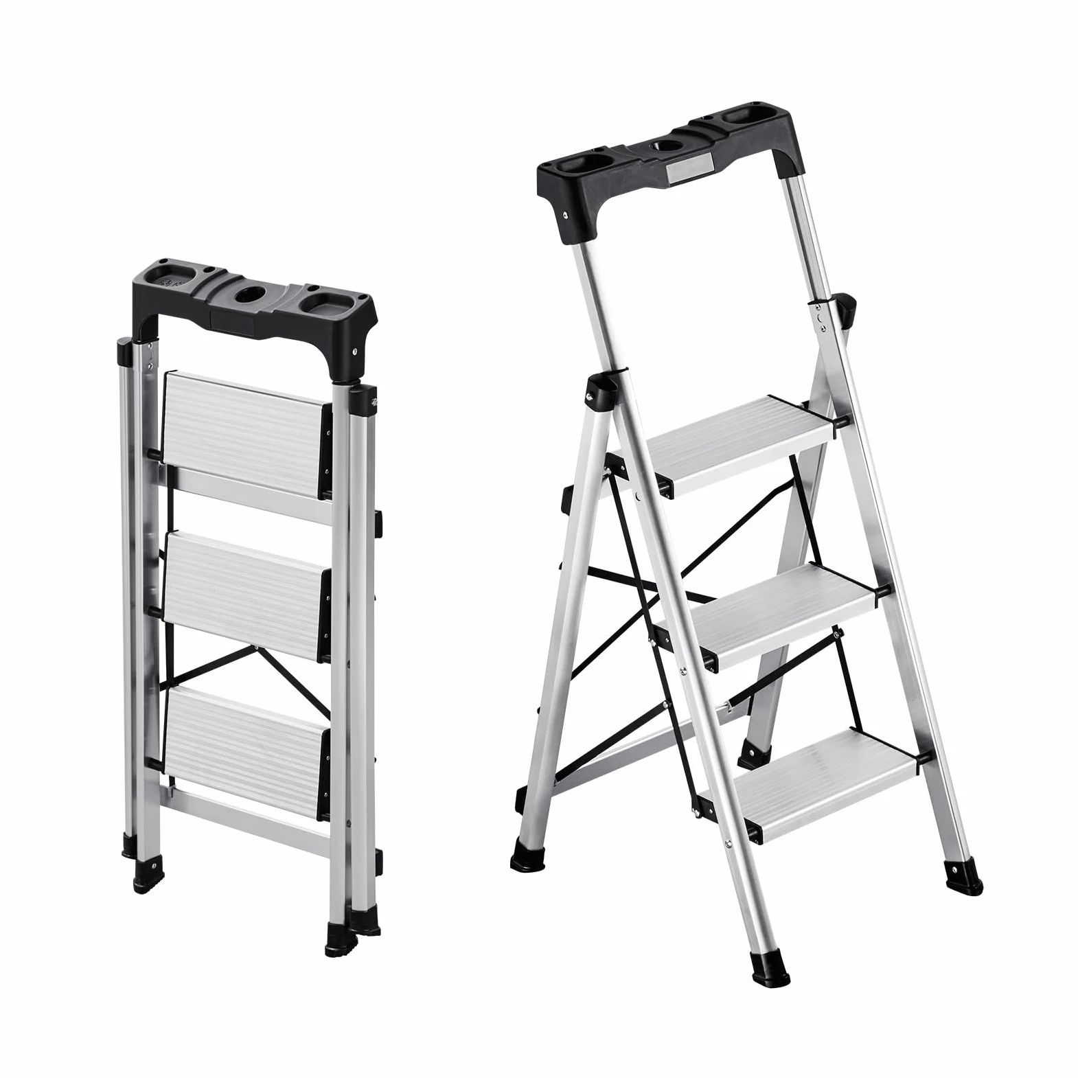 VEVOR Scaletta Pieghevole Salvaspazio con 3 Gradini con Ampio Pedale Antiscivolo e Impugnatura Comoda, Scala a Pioli Portatile in Alluminio con Capacità di 150 kg, Multiuso per Cucina, Casa