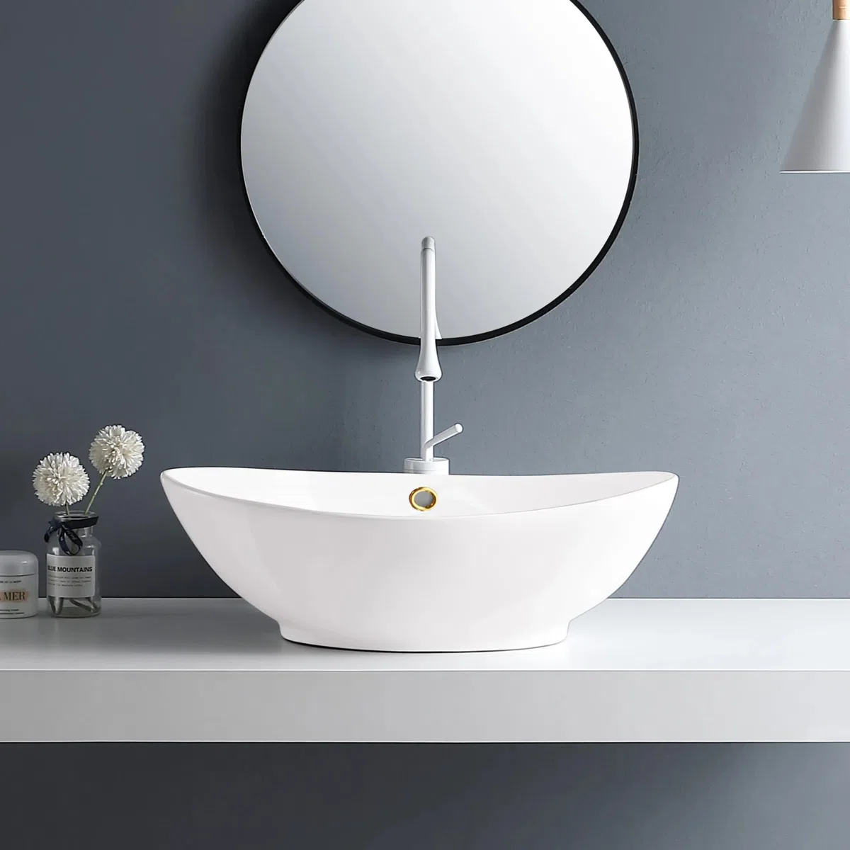 AQUAUNO Lavabo da appoggio MAYA, 59 x 39 cm, ovale, in ceramica bianca, senza foro per rubinetto, con troppopieno, oro, sanitari bagno