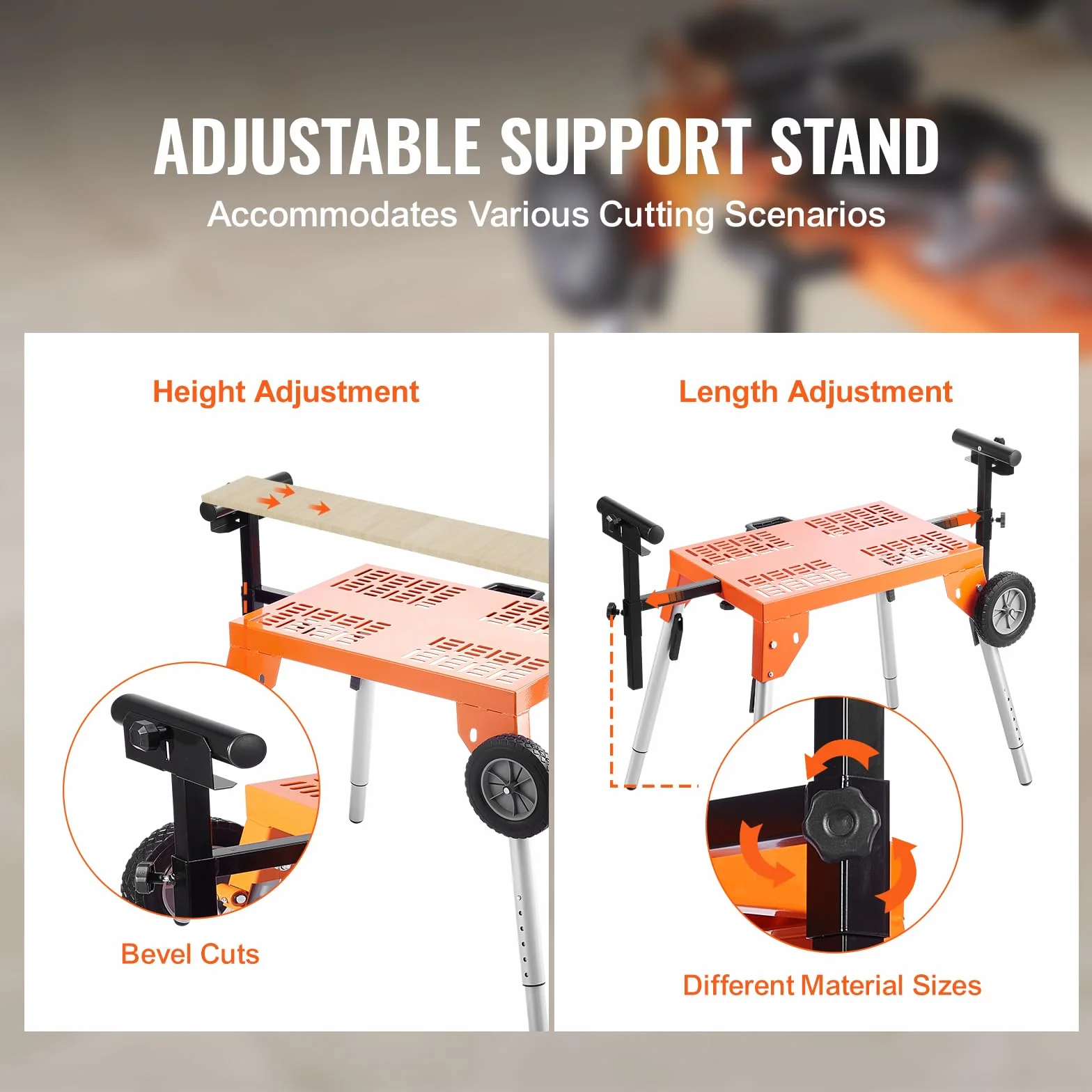 VEVOR Supporto per Troncatrice con Piano Tavolo e Ruote, Capacità di Carico 150 kg, Supporto Pieghevole in Acciaio per Troncatrici, Altezza e Lunghezza Regolabili, Supporto per Troncatrice Portatile