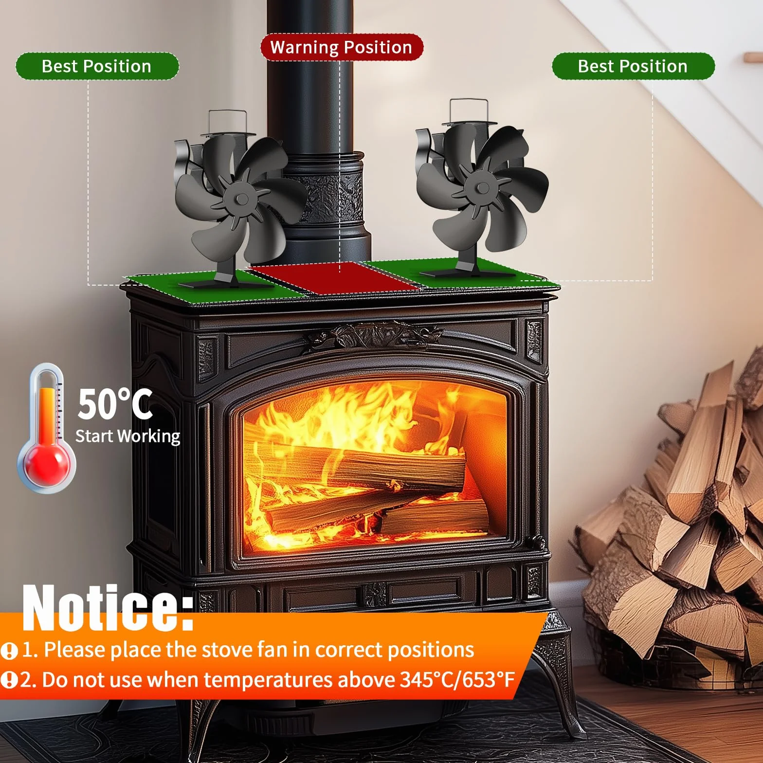 Ventilatore Per Stufa a Legna, Ventilatore per camino con 6 pale, Ventola da Caminod Silenzioso Alimentato Calore, Ventilatore Camino Stufa per Legna e Camino Pellet