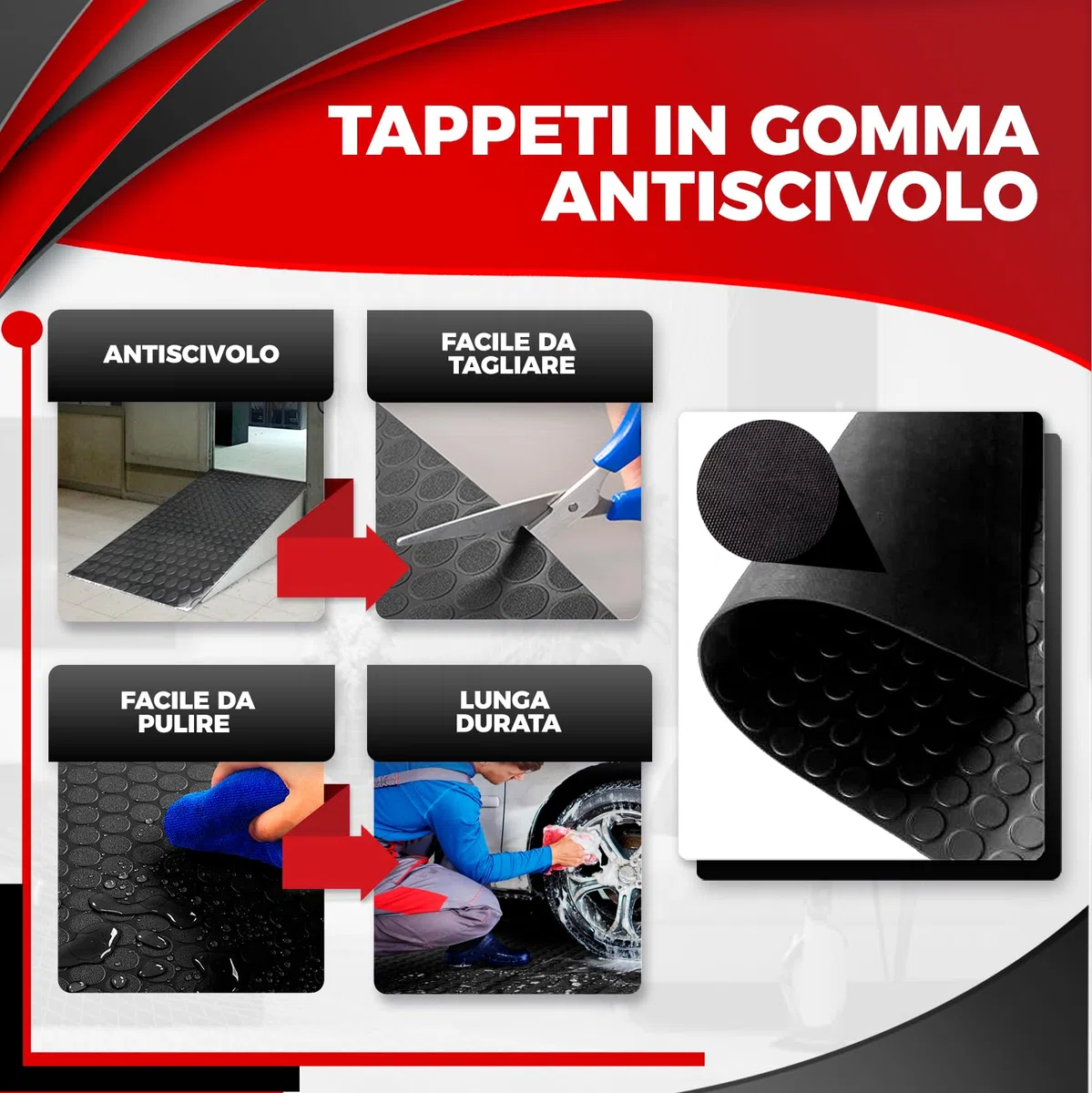 Gomma Antiscivolo | Tappeto Gomma 1m Larghezza x 2m Lunghezza | Pavimento Garage | Tappeto in Gomma | Tappeto Gommato | Rotolo Gomma | Pavimento Palestra | Tappeti | Tappetini in Gomma per Auto | Nero