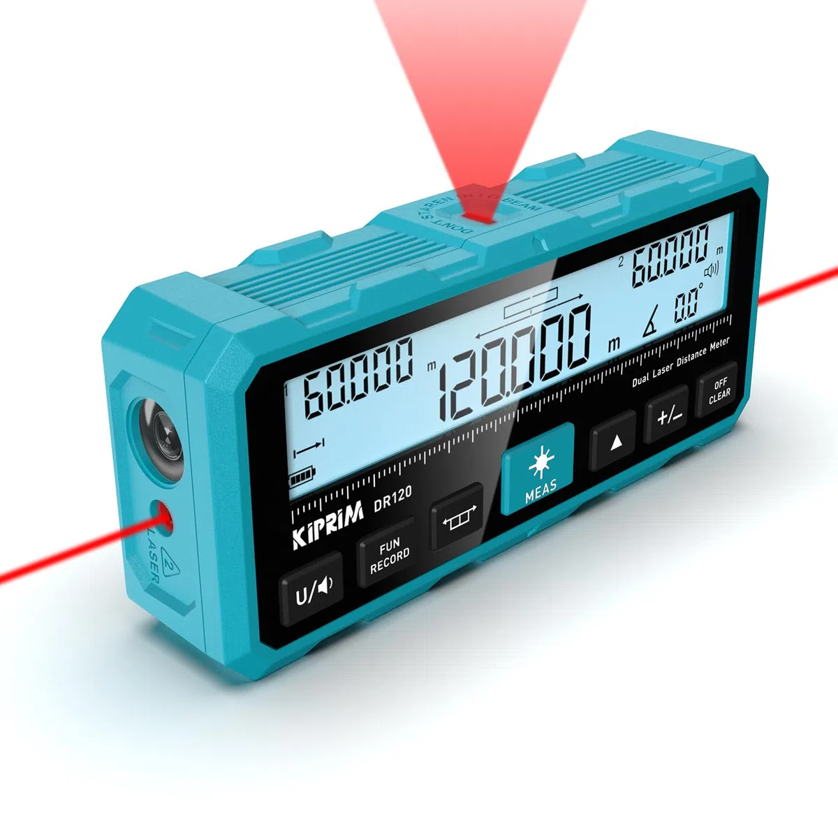 KIPRIM Telemetro Laser 120m, Doppio Raggio Bidirezionale, Linea Laser Verticale, Livella Elettronica, Ricaricabile USB-C, Unità M/FT/IN - DR120