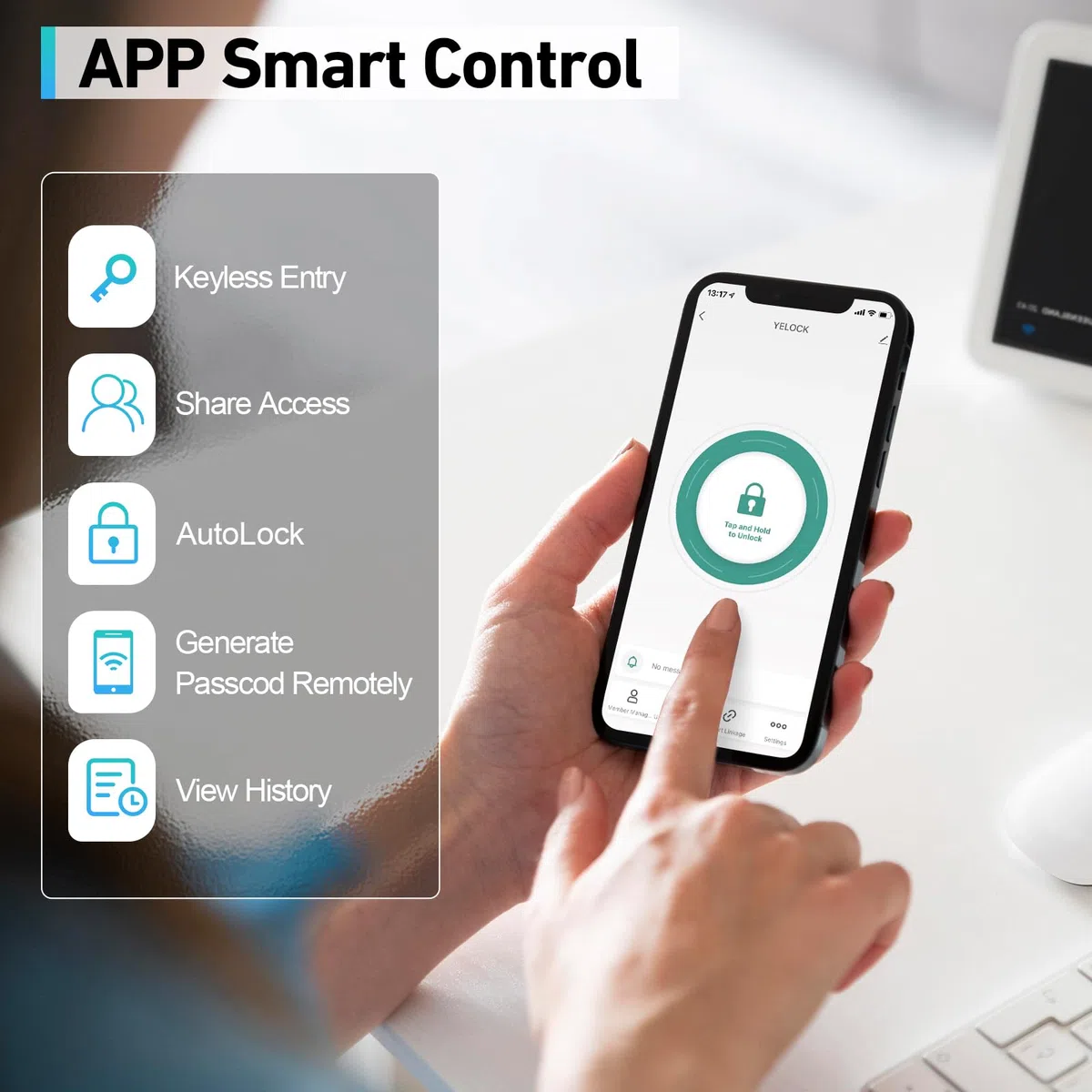 Smart serratura elettrica con impronte digitali, Smart Lock per porta interna, serratura elettronica con Bluetooth, password, app, scheda IC e chiave di emergenza per Smart Home