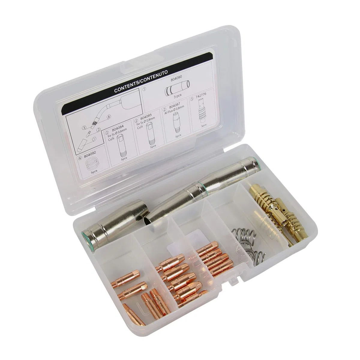 Telwin Box Consumabili per Torcia MIG MT15, Kit Consumabili Saldatura MIG/MAG con Ugelli, Tubetti di Contatto e Diffusori Gas in scomparti per Torcia a filo Telwin MT15