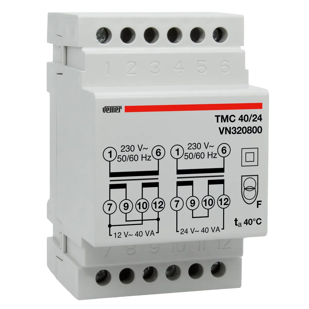 VEMER VN320800 TMC 40/24 - Trasformatore 24V per Servizio Continuo, Installazione su Barra DIN, Potenza 40V, Bianco