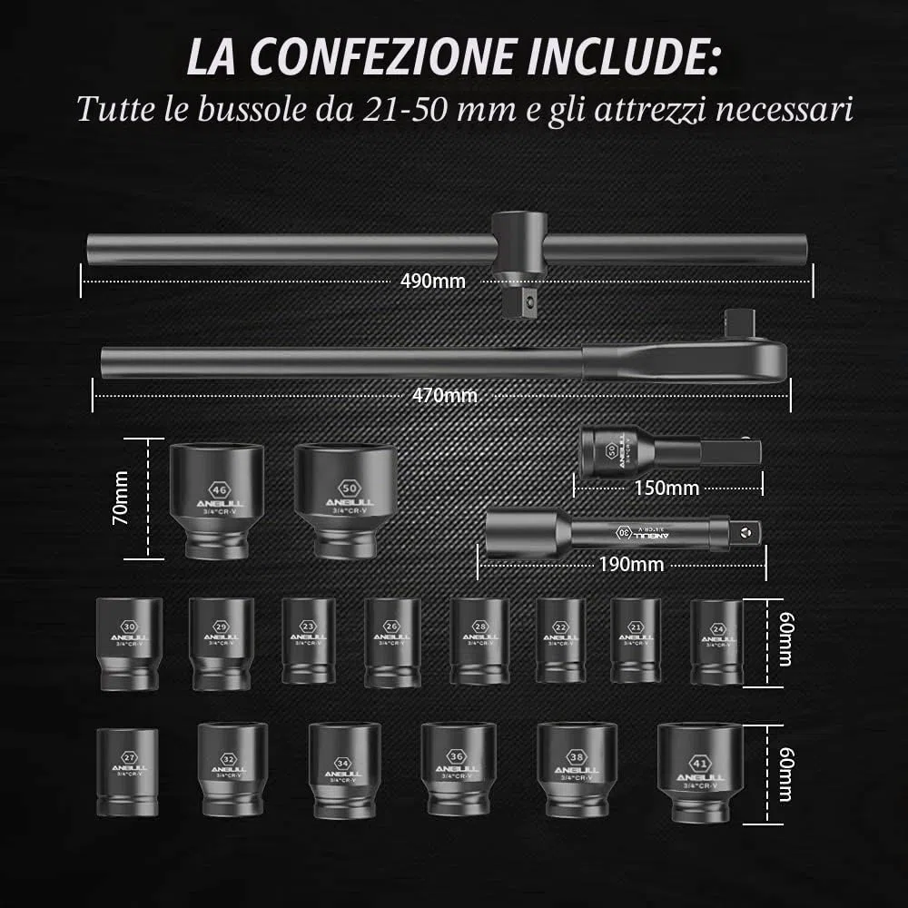 Anbull 21Pcs Set Bussole a Impatto, chiave a bussola 3/4 , 3/4 Pollici Set Chiavi a Bussola a 6 Punte (21-50mm) in acciaio Cr-V, Prese, Metriche