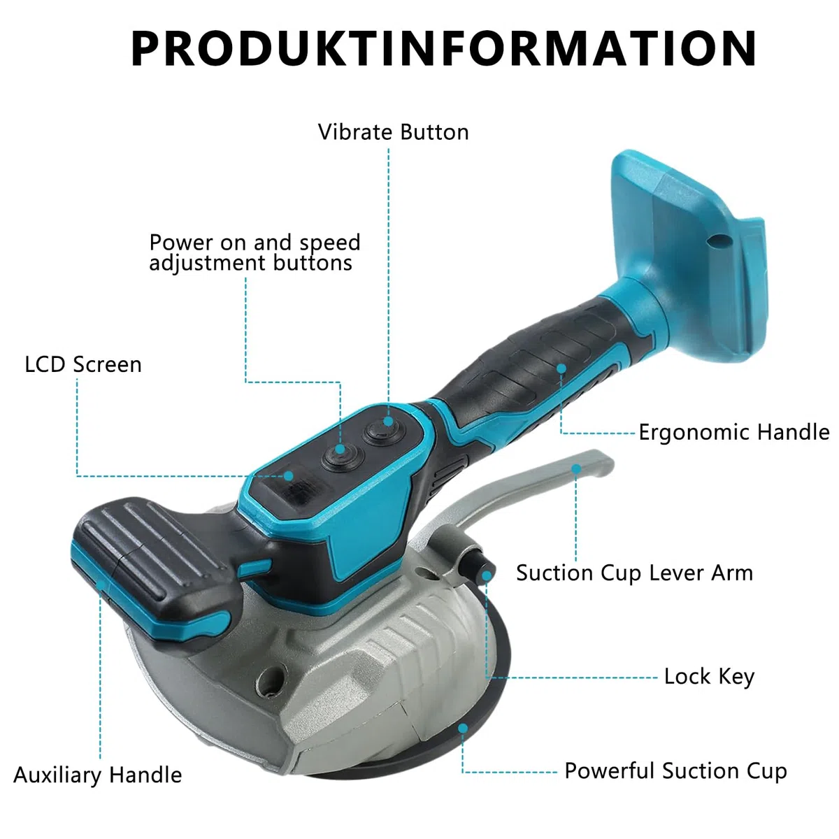 Vibratore per piastrelle, senza fili, con 8 velocità, display digitale regolabile, grande potenza di aspirazione, presa forte, per pavimenti, pareti e vetro