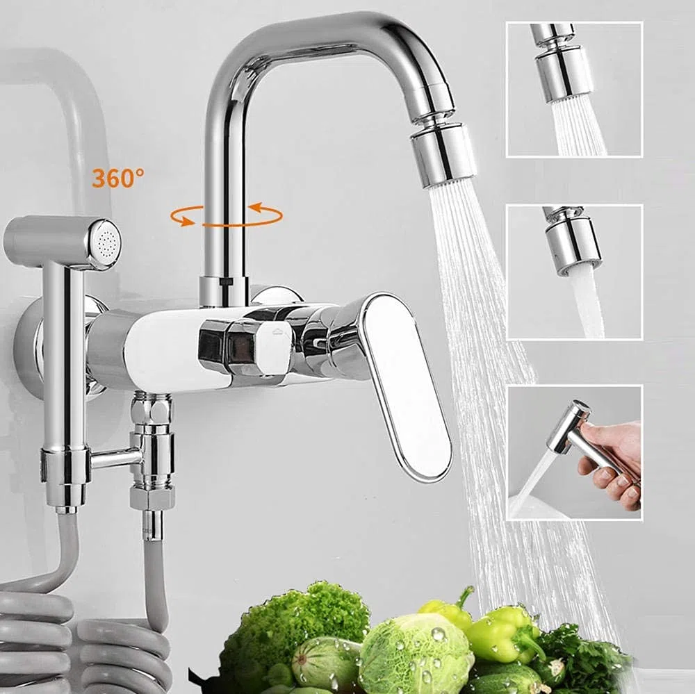 Miscelatore per rubinetto a parete in rame con pistola a spruzzo con doccetta estraibile, rubinetti per lavello da cucina, girevole in ottone, vasca da bagno, ugello rotante, miscelatore per rubinetto