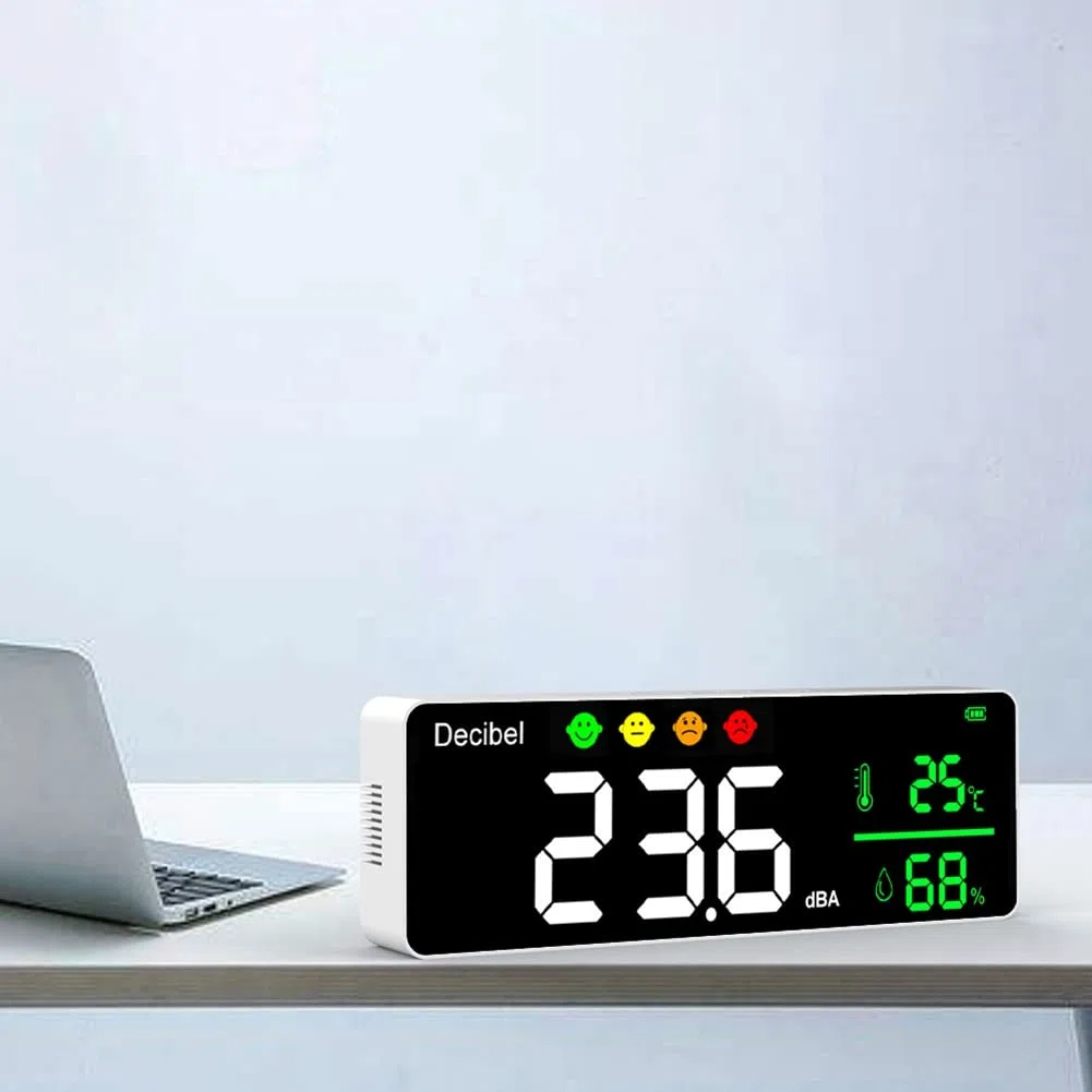 DM1306D Misuratore di Rumore Digitale Decibel Rilevatore di Rumore un Parete Intelligente 30-130DB Monitor di Temperatura e Umidità
