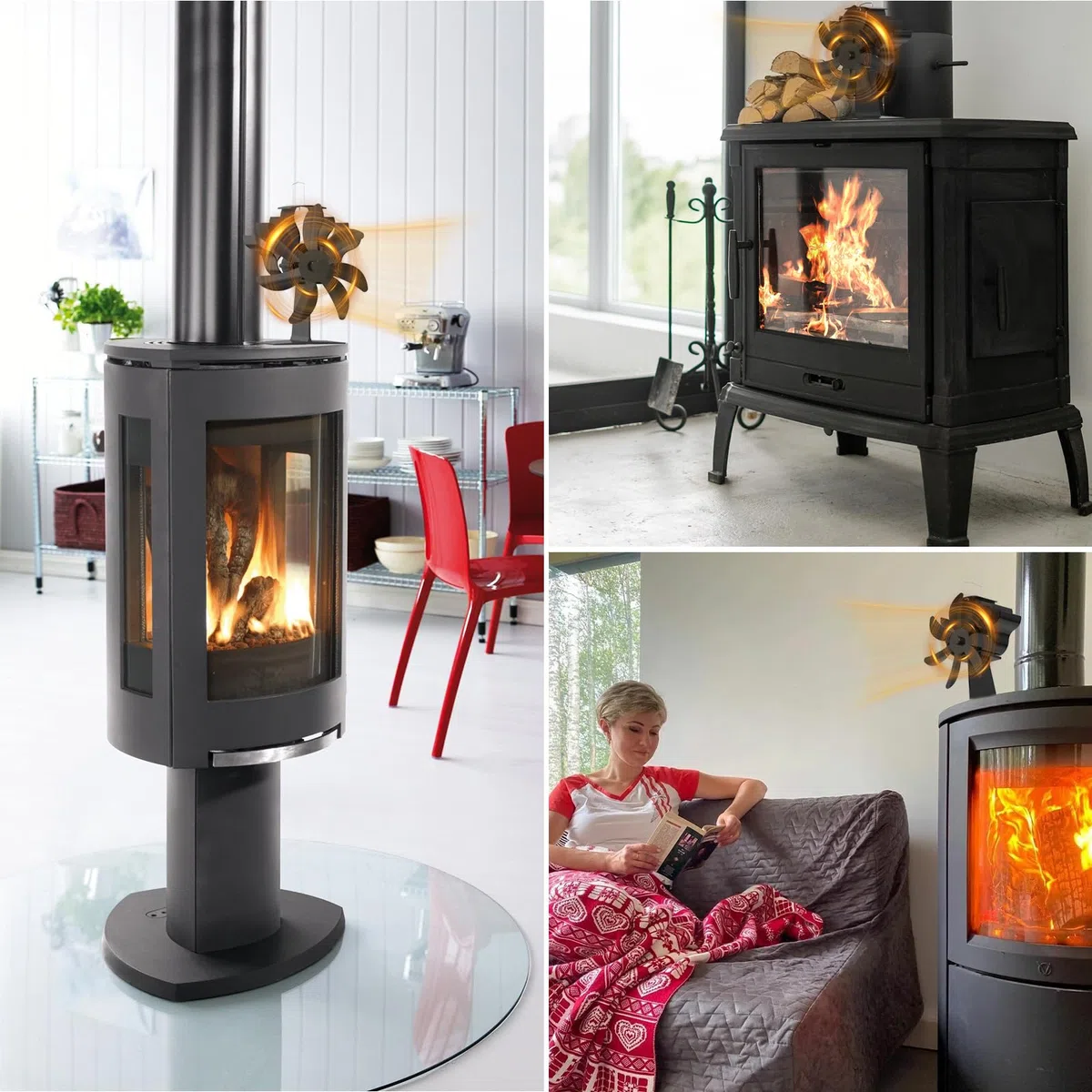 Ventola per Stufa a Legna, 7 Foglie Ventilatore per Stufa Non Elettrico, Ventilatore per Camino con Termometro, Ecologico Silenzioso Ventola Stufa a Gas Pellet Legna