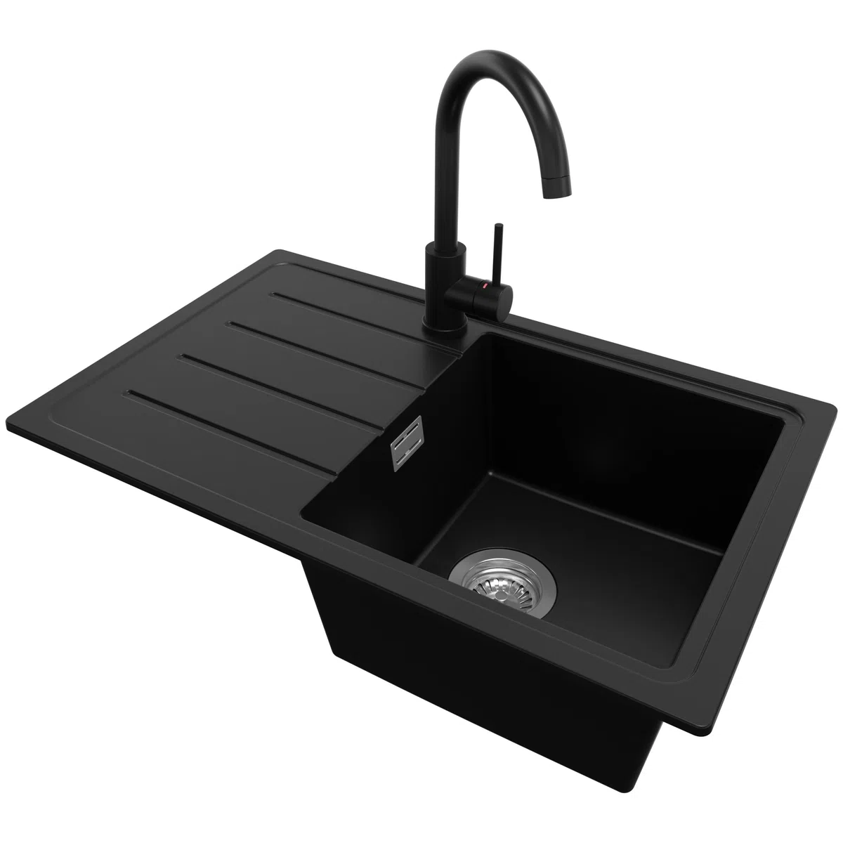 PRIMAGRAN Lavandino da Cucina Nero 70x44cm, Lavello in Granito a 1 vasca + Rubinetto 32x20cm + Set di accessori, Lavabo da Cucina Incasso al Mobile 45cm - Copenhagen Easy S045