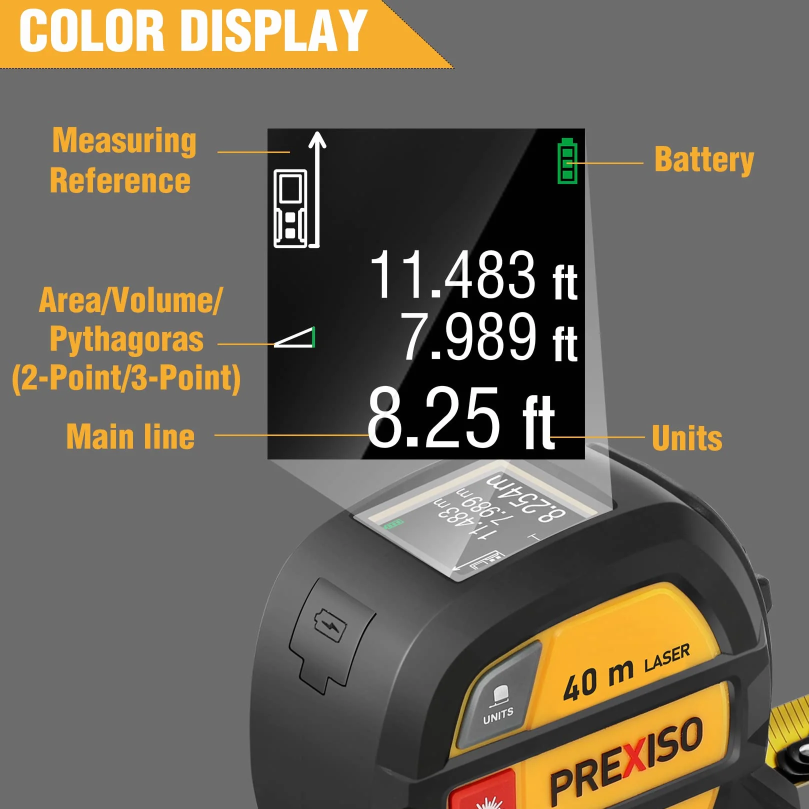 PREXISO Misuratore di Distanza Laser 2 in 1, Metro di Nastro Laser Ricaricabile, 40m Misuratore Laser e 5m Metro a Nastro, Retroilluminazione LCD M/In/Ft, per Misurare Lunghezza, Area e Volume