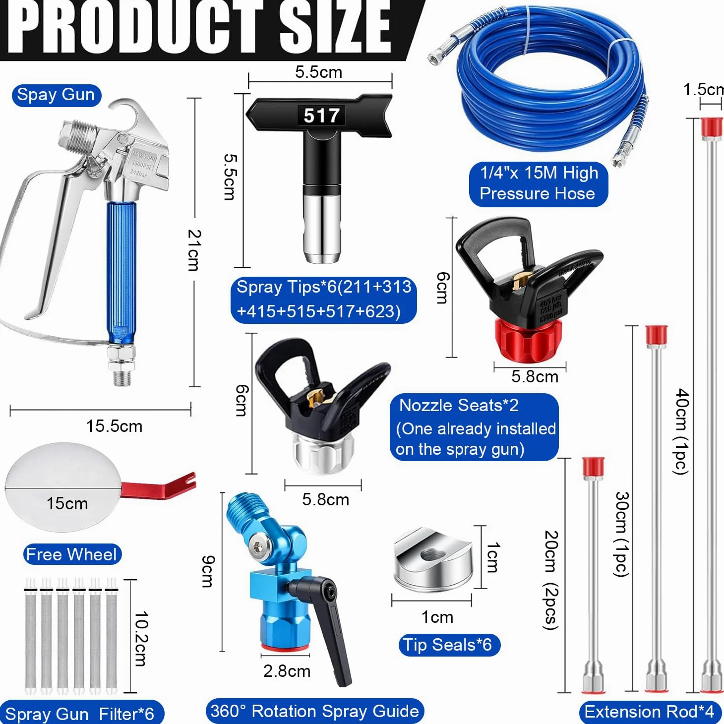 22 pezzi Kit pistola per verniciare, Pistola a spruzzo airless 3600PSI con tubo flessibile da 15 m & 6 Ugello & 4 asta prolunga & 6 filtri & Strumento di guida & ugello seggiolino