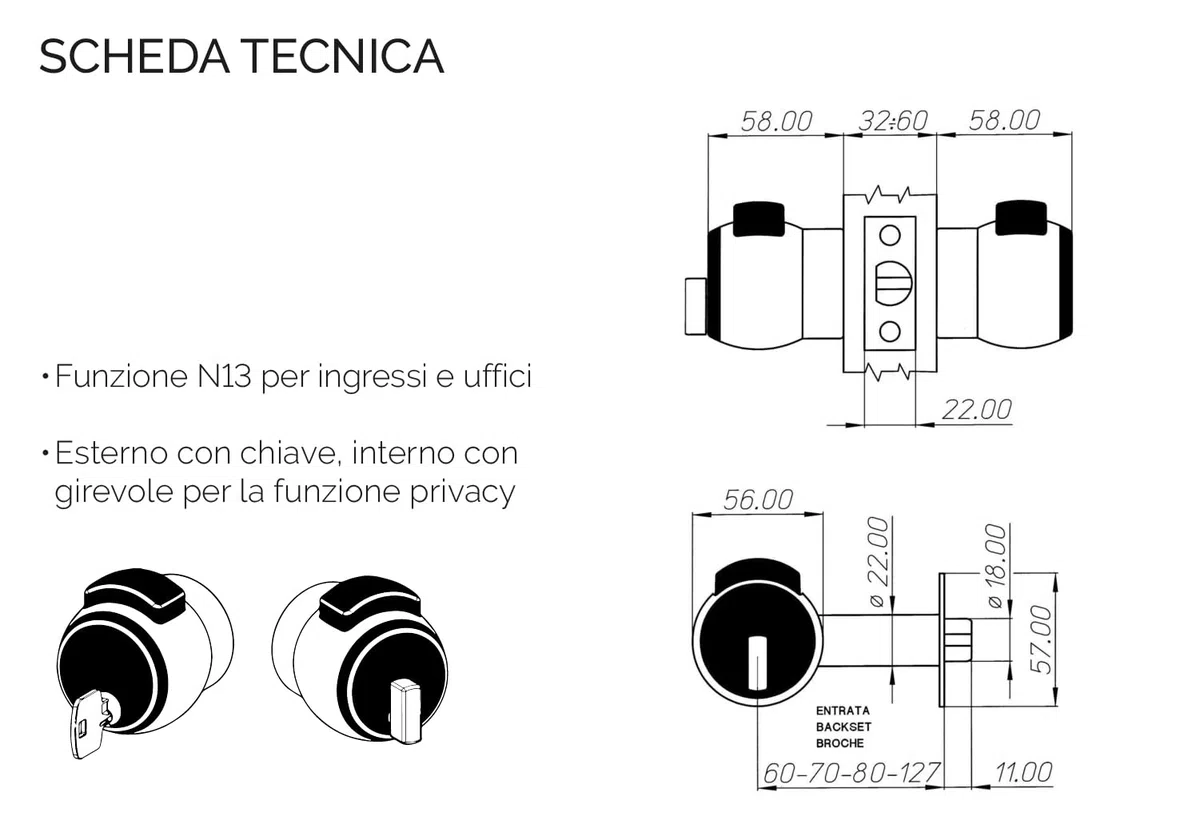MERONI SERRATURE Serratura Pomolo per Porta - Serratura di Sicurezza con Pomolo PremiApri, Ideale per Porte di Uffici in Legno Metallo Alluminio Vetro, Con Chiave, Made in Italy