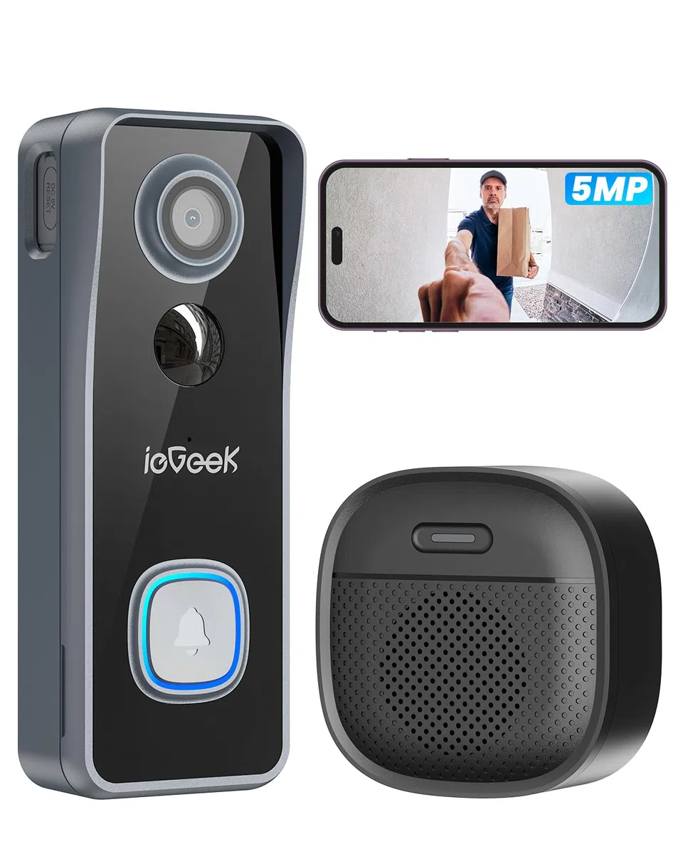ieGeek 2,5K 5MP Videocitofono Wifi Senza Fili da Esterno Campanello, 166° Video Campanello da Rilevamento Intelligente AI, Batteria Ricaricabile, IP65, Visione Notturna, Alexa Compatibile, 2,4Ghz