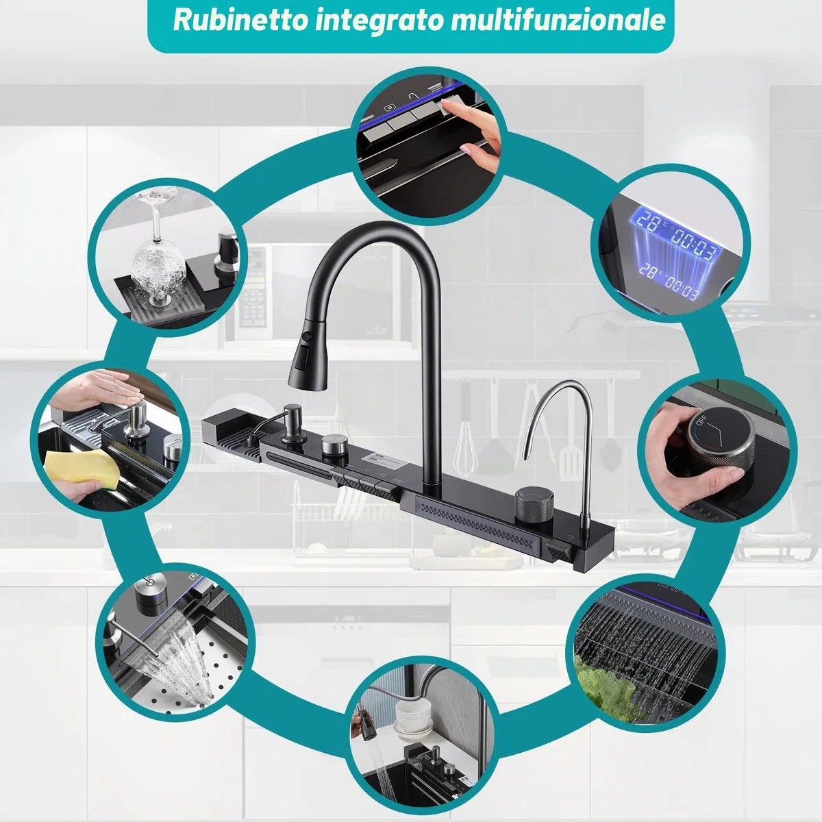 Lavello da cucina, in acciaio inox T304, lavello da cucina multifunzionale, lavandino a cascata, da incasso, con rubinetto digitale multifunzionale, vari accessori (80 x 45 cm)