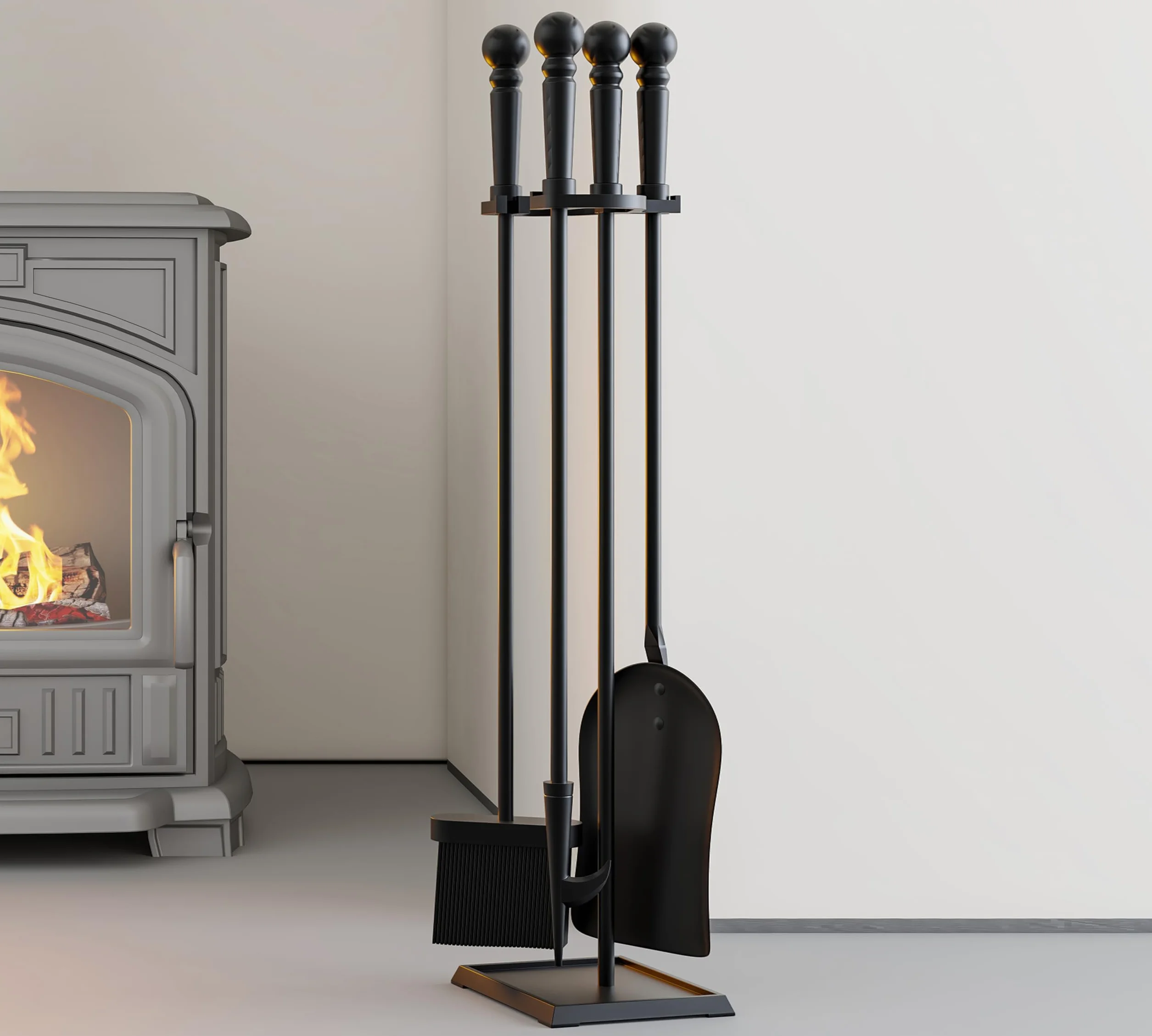 Set di accessori per caminetto Kingson – 3 pezzi, strumenti neri con rivestimento in polvere, manici e supporto in ghisa – pala, attizzatoio, spazzola – strumenti da 55,5 cm, altezza complessiva 61 cm