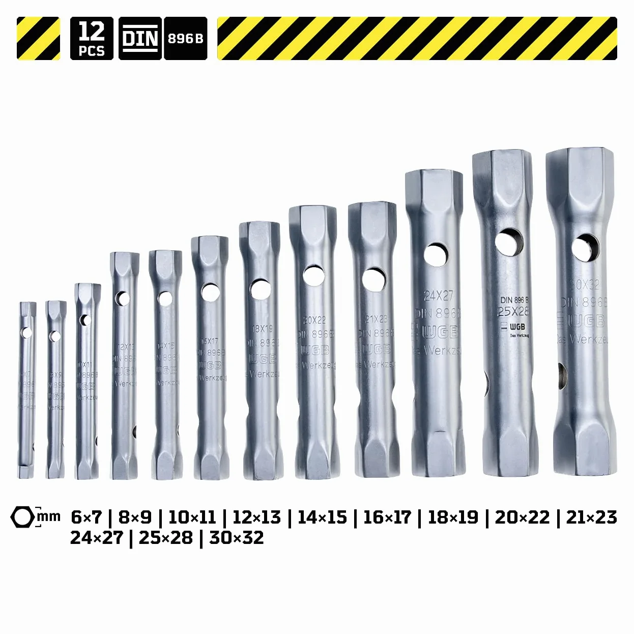 Set di chiavi a bussola bilaterali per tubi | No.450 K | Set di 12 pezzi 6-32 mm | WGB