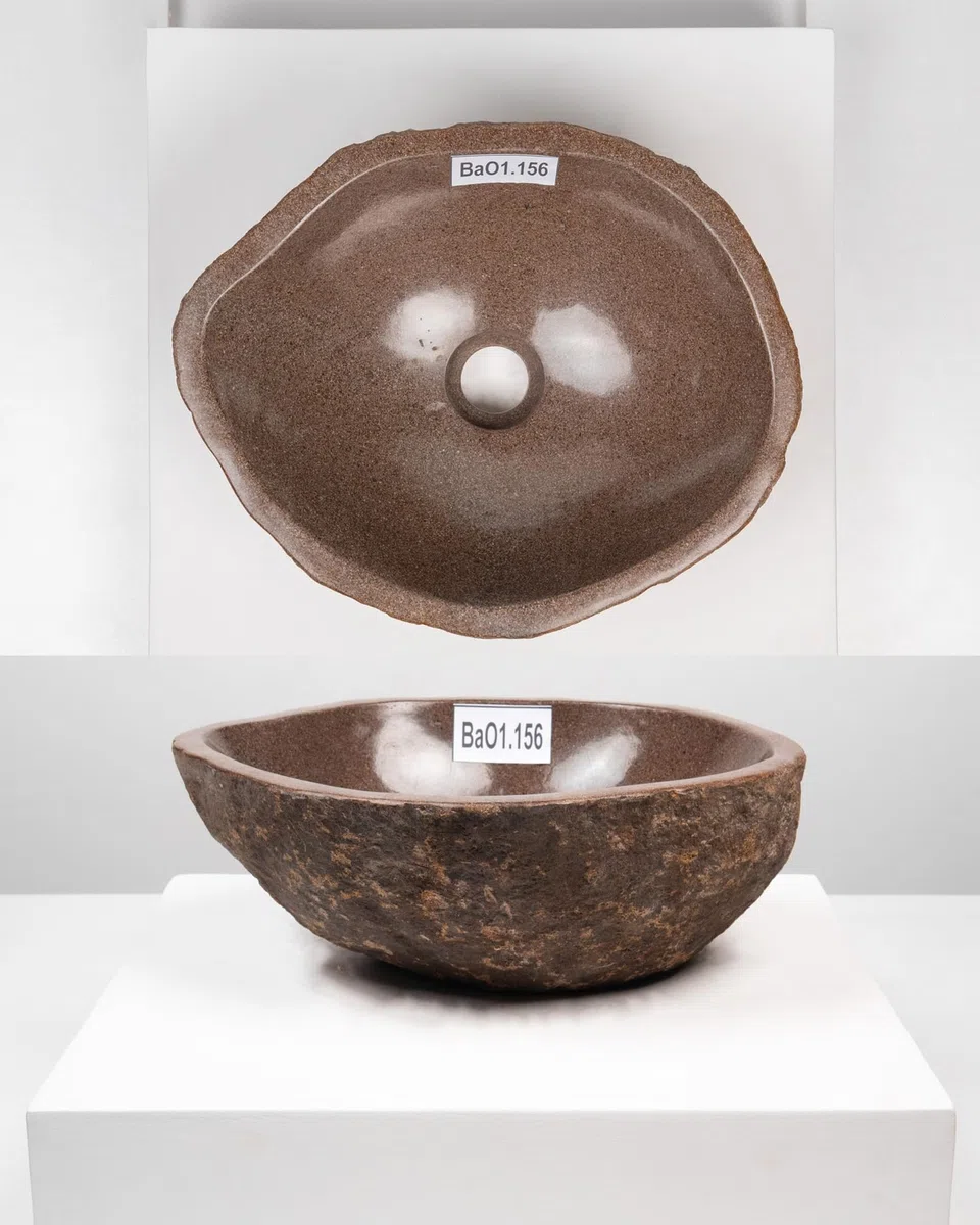 lavabo in pietra naturale 40 cm ovale in grigio realizzato in pietra di fiume indonesiana - Con selezione unica