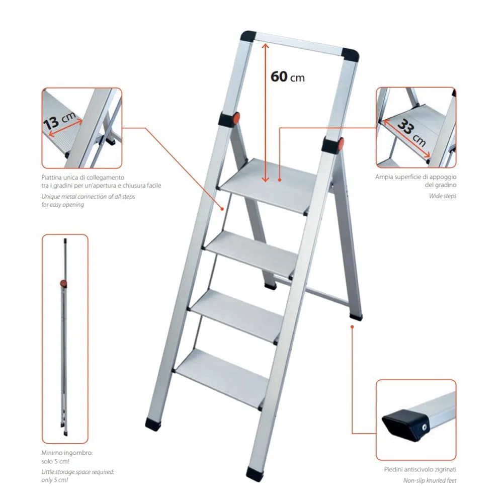 Gierre BS400 Sgabello Ultra Slim, Scala in Alluminio 4 Gradini con Parapetto, 5cm di Ingombro
