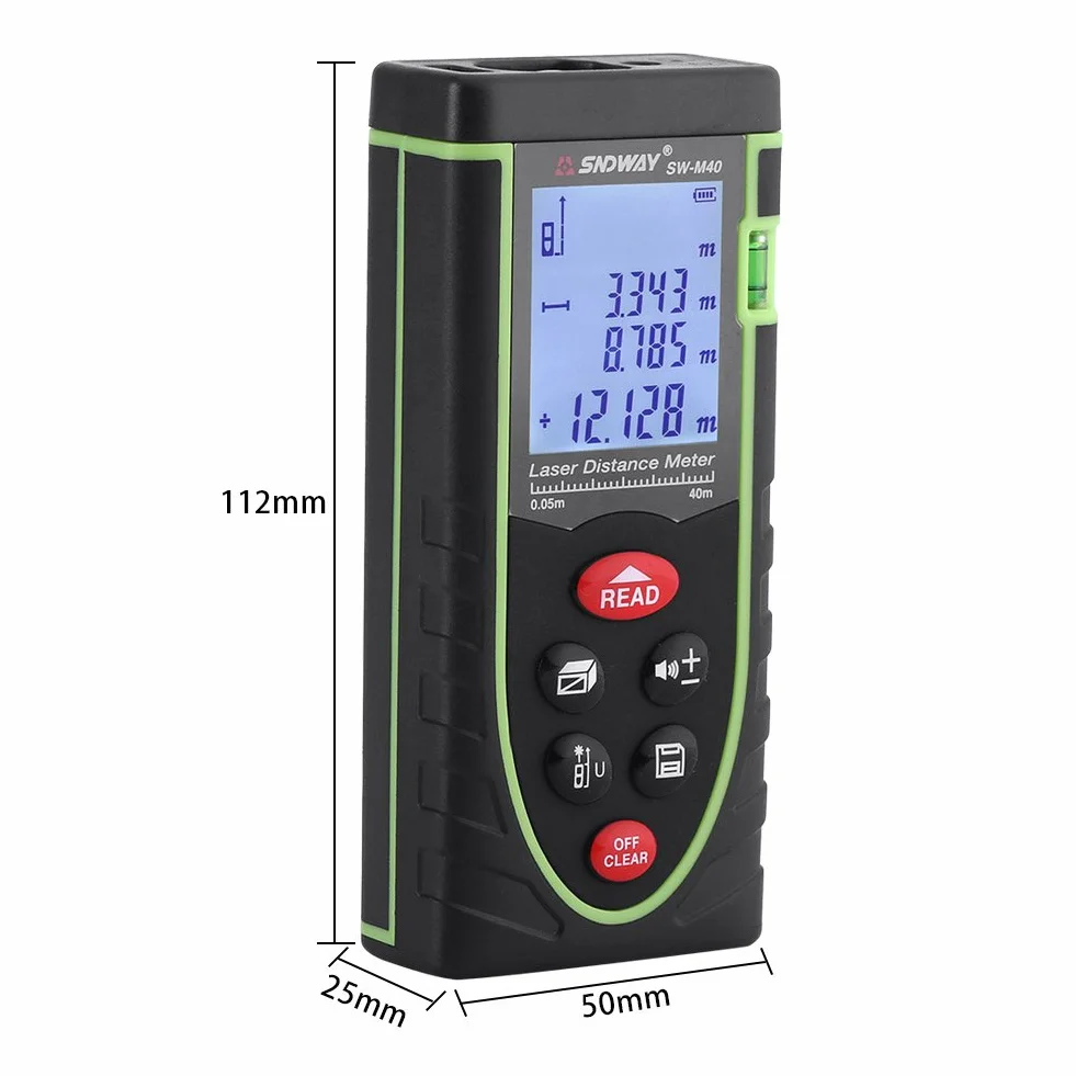 Distanziometro digitale portatile Range Finder 1 mm fino a 40/60/80/100 m con ampio display LCD di retroilluminazione e livella a bolla per interni ed esterni (40 m)