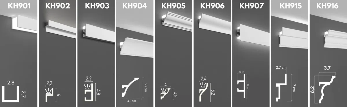 Cornici velette per led a soffitto e parete (4 o 10 metri lineari - KH905), per illuminazione indiretta con le strisce led | decorative, prefabbricate in duropolimero (4 metri)