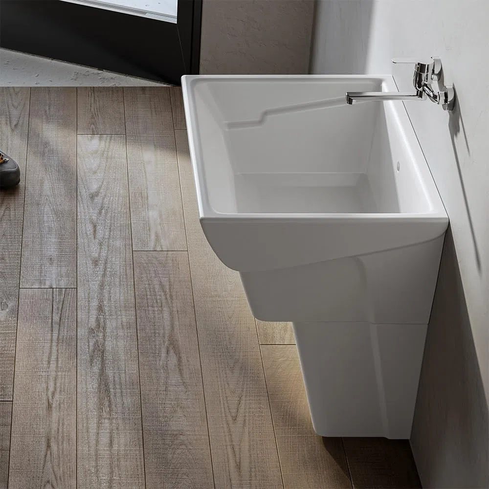 Pilozzo Lavatoio 60x50 Cm Da Appoggio Con Vasca In Ceramica Bianca Lucida Linea Messico, Completo Di Foro Troppo Pieno