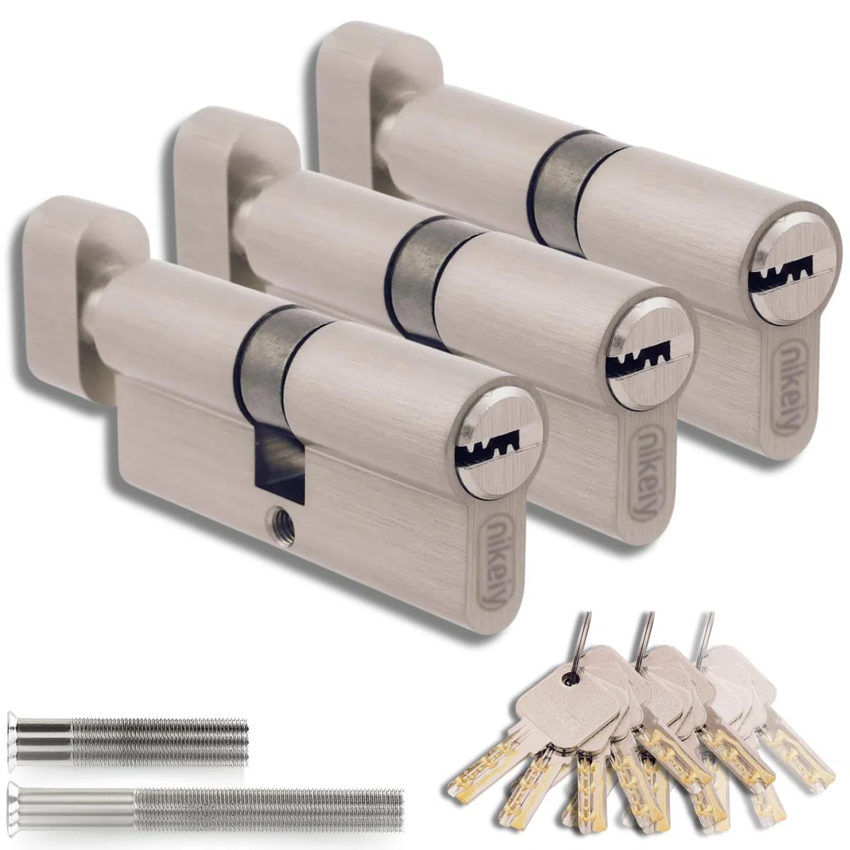 Set di 3 Cilindri con Pomello in Ottone 30/30mm con Chiave Unica, 15 Chiavi Incluse, 6 Viti, Serrature Universali per Porte e Garage, Lunghezza 60mm, Montaggio Facile
