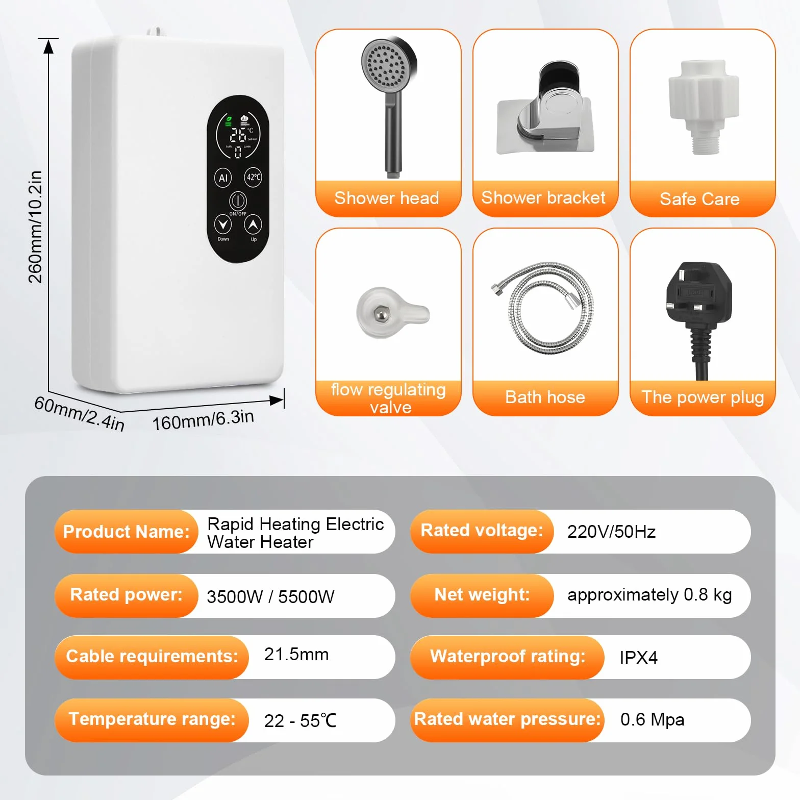 Scaldabagno elettrico, 5500 W, 220 V, indicatore della temperatura, unità integrata, controllo intelligente, mini scaldabagno, adatto per doccia e bagno