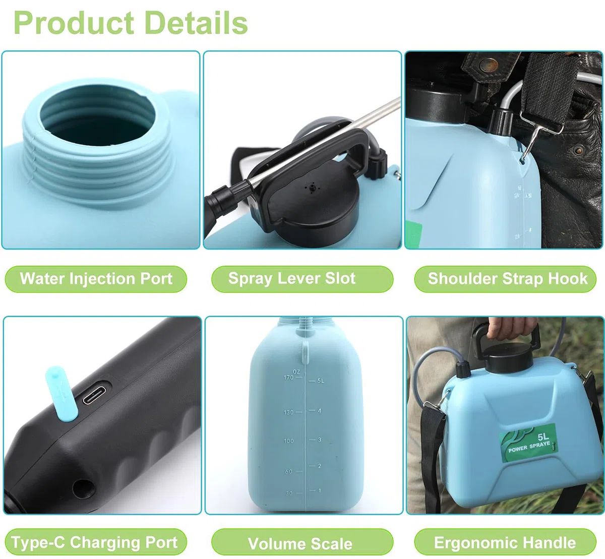 Spruzzatore Elettrico, Spruzzatore Da Giardino Elettrico 5L, 2400 mAh Spruzzatore 3 ugelli nebulizzatori, impugnatura ricaricabile USB, bacchetta retrattile e tracolla regolabile per prato, giardin