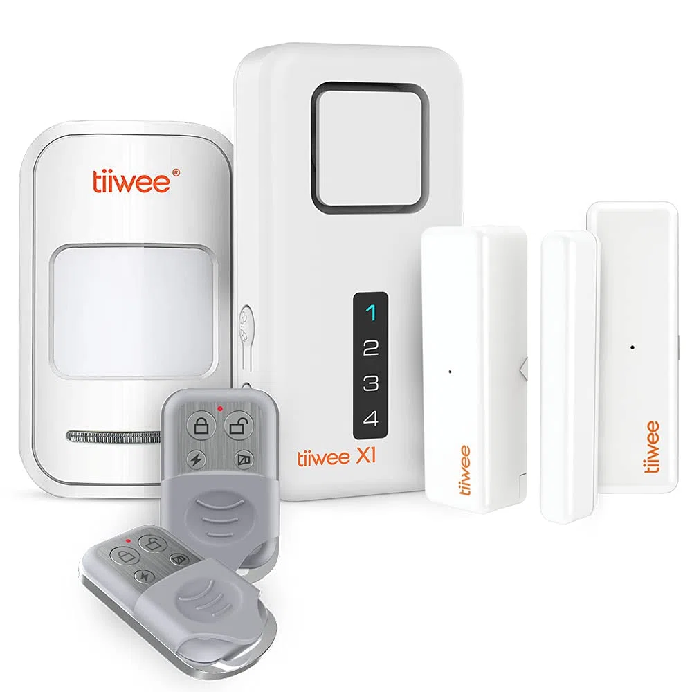 tiiwee Sistema di Allarme per Porte e Finestre - Sistema di Sicurezza con Potente Sirena, 1 Rilevatore di Movimento, 2 Sensori per Porte e Finestre e 2 Telecomandi