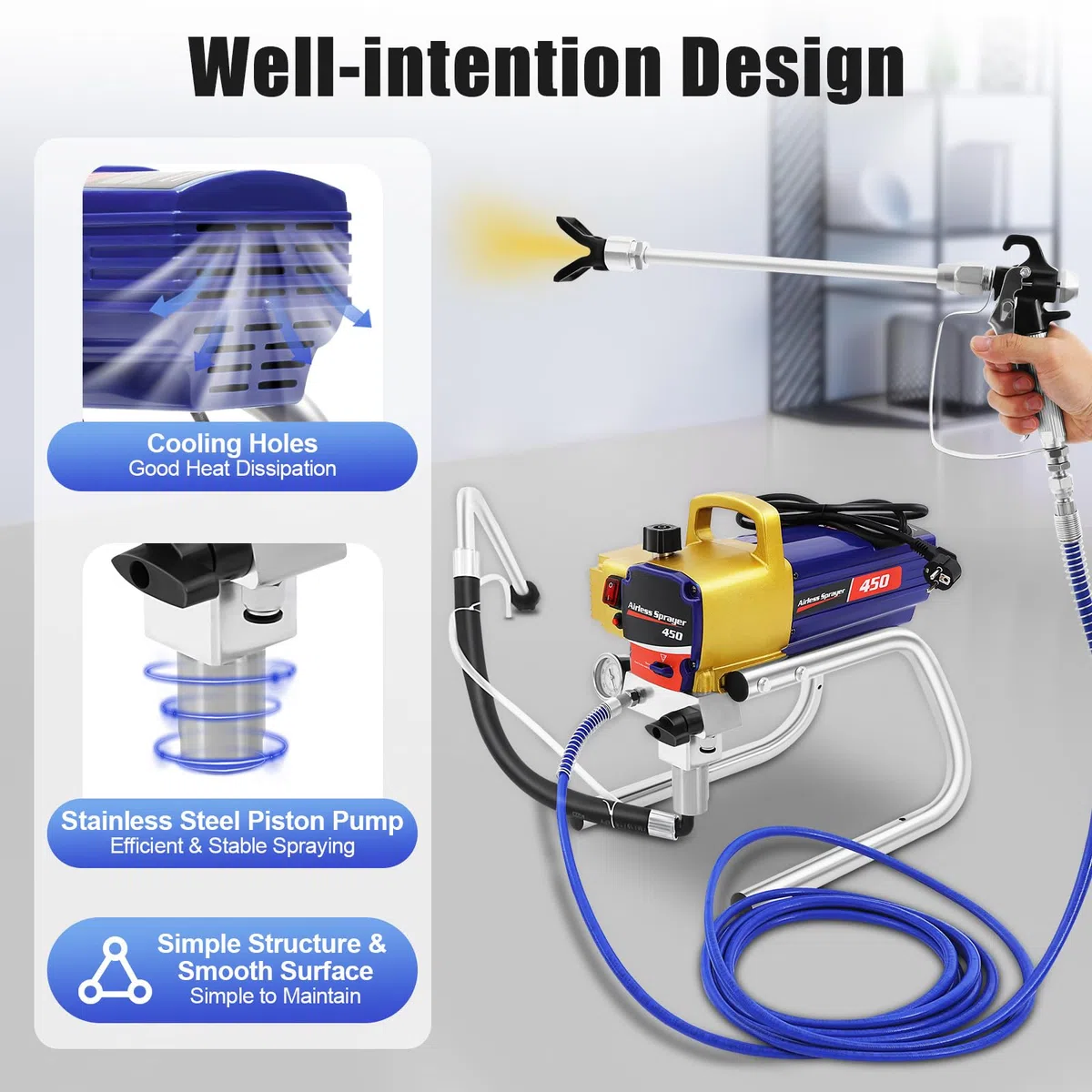 Spruzzatore Airless, macchina per spruzzatura vernice 1500W, pistola per verniciatura a parete 22Mpa 2,2L/min di portata, spruzzatore di vernice con larghezza di spruzzo 25cm