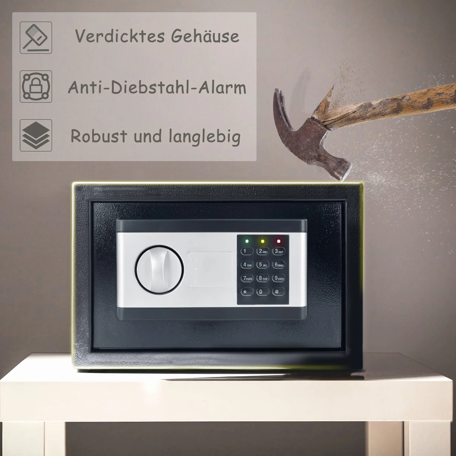 FIVMEN Safe Cassaforte per mobili da casa, impermeabile, 12 l, con codice di sicurezza e chiavi di sicurezza e funzioni di allarme, cassaforte