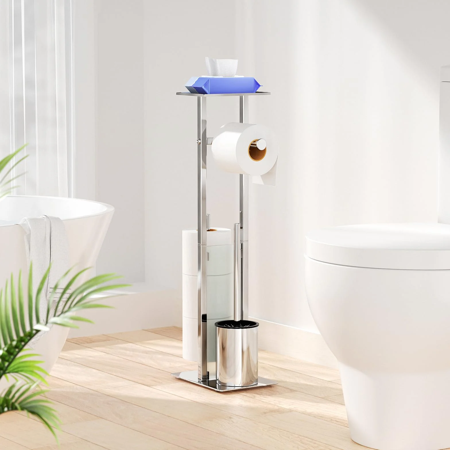 Porta Carta Igienica in Acciaio Inox Con Scopino - Scatola per Salviette Umide, Spazzola per WC e Portarotolo