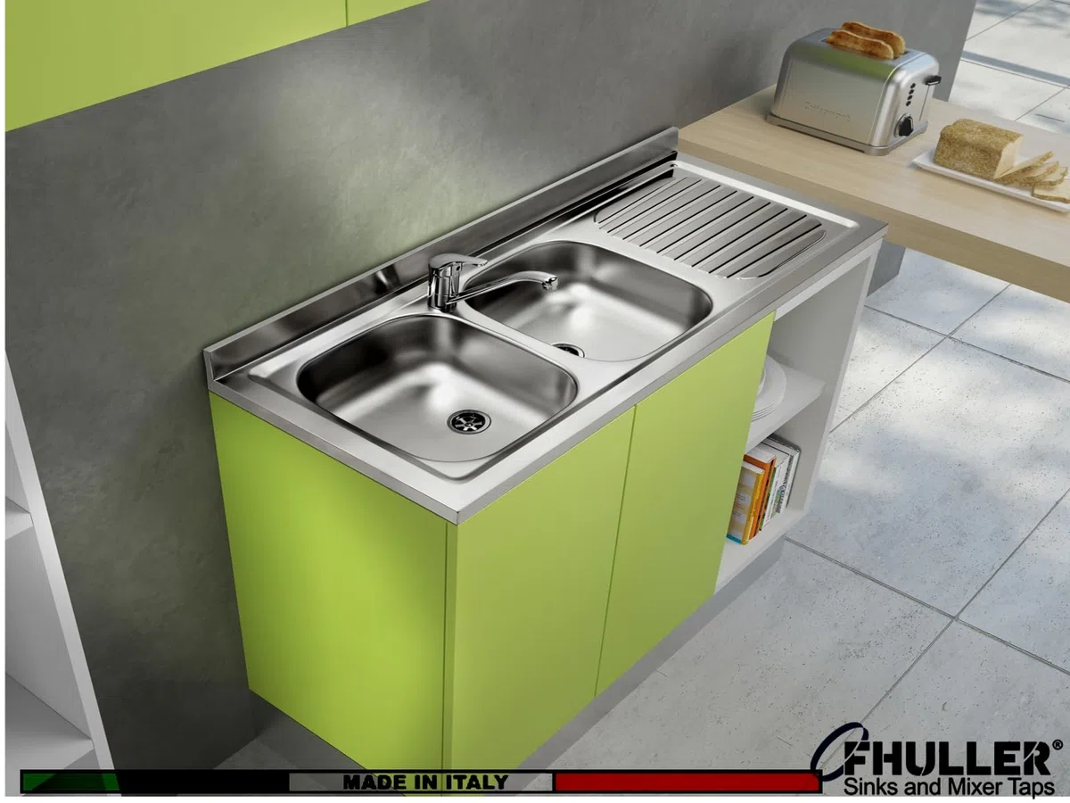 Lavello FHULLER Monostampo Da Appoggio 120X50 In Acciaio Inox AISI 304 Con Due Vasche a SINISTRA e Gocciolatoio a DESTRA Per Sottolavello da 120 Cucina Componibile Modello Pisa PI1202MRPC