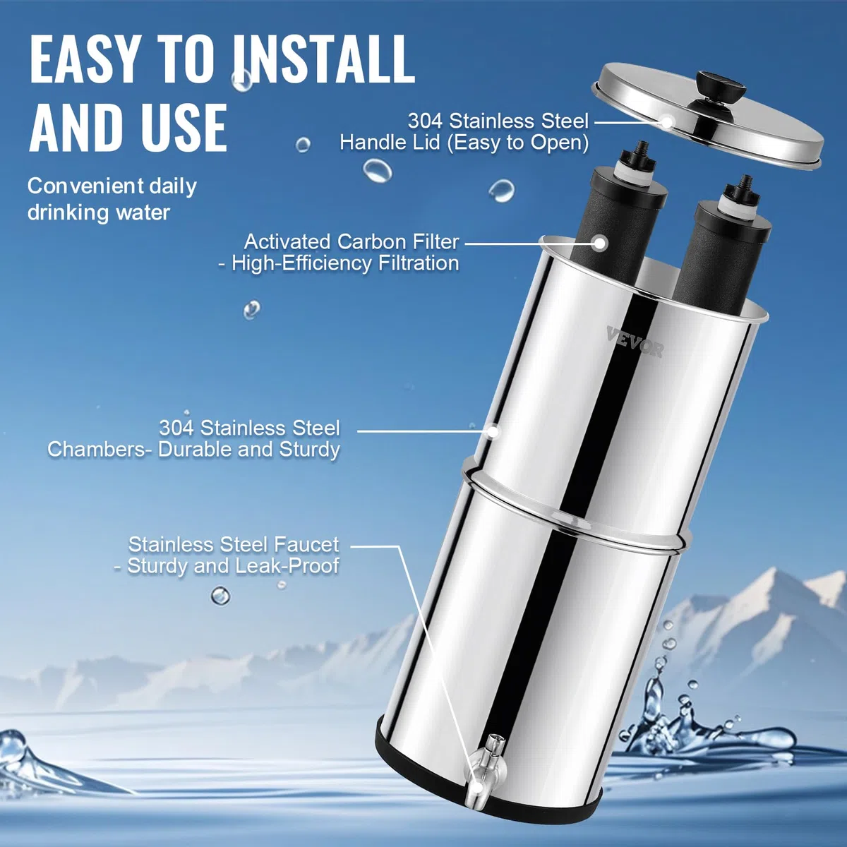 VEVOR Sistema di Filtraggio Acqua a Gravità Sistema da banco in Acciaio Inox Sistema Filtraggio Acqua 7+8,5 L, Riduce Piombo Cloro, Filtraggio Acqua con 2 Filtri al Carbone Rubinetto Camping RV Home