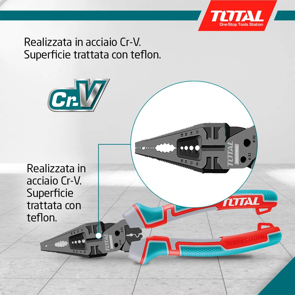 TOTAL - Pinza Multifunzionale 8 in 1 – 200 mm - Funzioni di Taglio, Sgrossatura, Fissaggio Chiodi - Acciaio Cr-V con Teflon - Manico Ergonomico Trimateriale - Forza Rinforzata