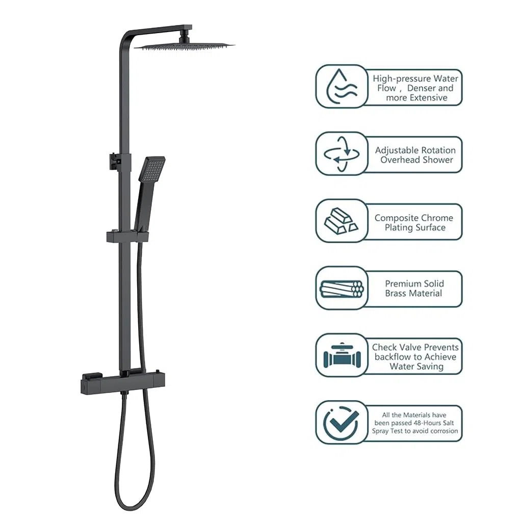 OCEAN ITALY Colonna Doccia con Soffione Acciaio Inox 20x20cm, Gruppo Doccia con Miscelatore Termostatico, Saliscendi Doccia Moderno Quadrato Regolabile 73-115cm, Nero Opaco