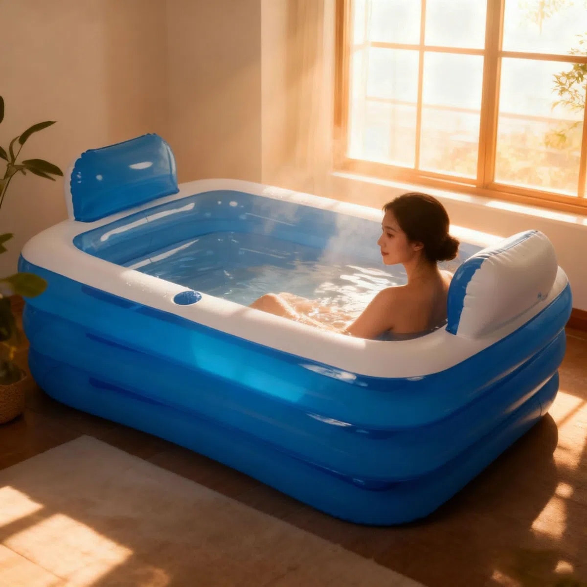 Vasca doppia gonfiabile con pompa d'aria elettrica e tappetino da bagno, vasca portatile per adulti, vasca idromassaggio pieghevole autoportante con portabicchieri di drenaggio