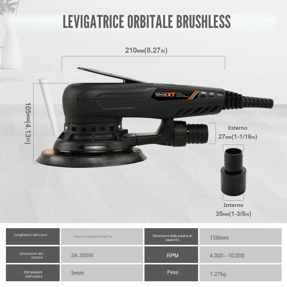 MAXXT Eccentrica Levigatrice 230V Versatile: Plateau da 125mm e 150mm, Motore Elettrico Brushless con Velocità Regolabile, Ideale per Superfici in Legno