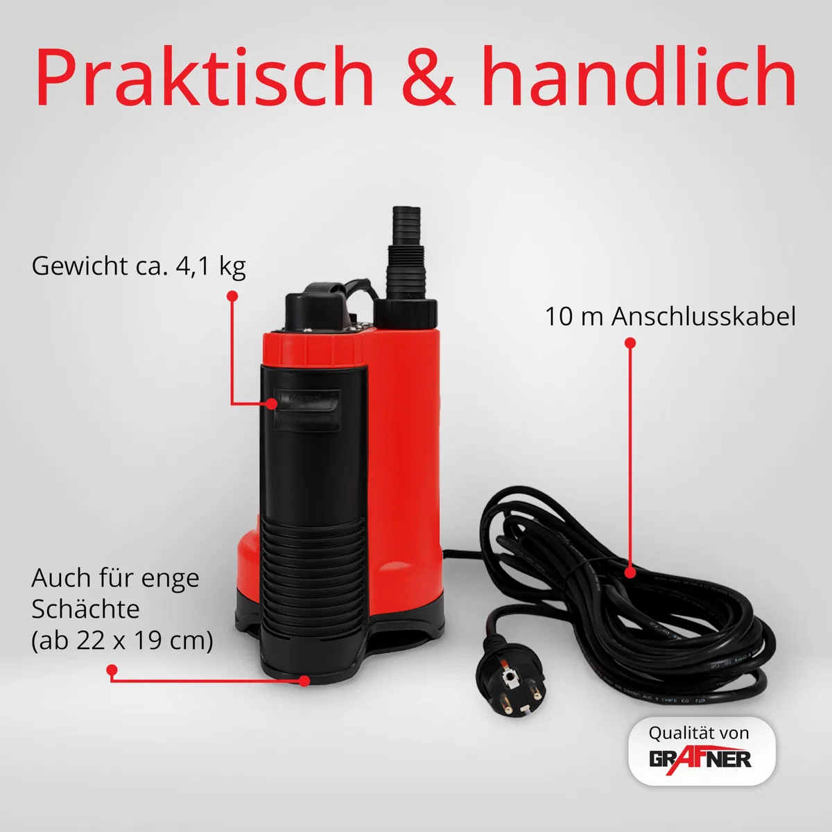 Grafner Pompa per acqua sporca, da 400 Watt fino a 7500 l/h, con interruttore galleggiante, aspirazione piatta fino a 25 mm, corpo estraneo, diametro 16 mm, pompa sommersa per drenaggio, pompa a