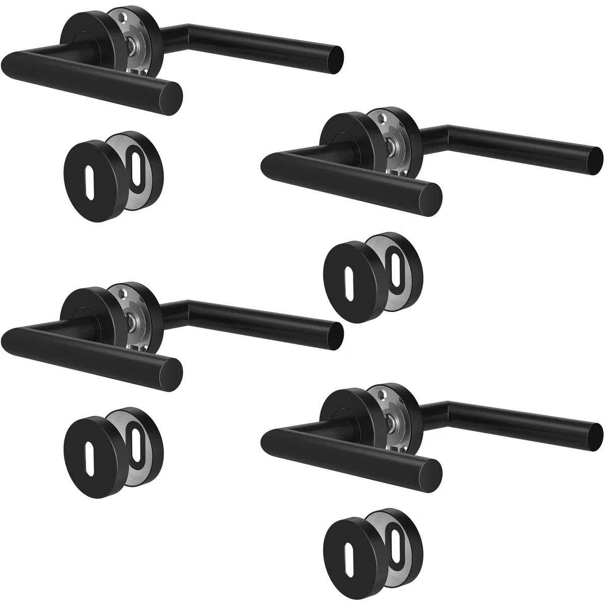 Maniglie per Porta Interne 4 Pezzi, Maniglia per Porta in Acciaio Inox con Rosetta Arrotondata Ø 52 mm, Nero Opaco, Forma di L, BB-Chiave a Profilo Tondo