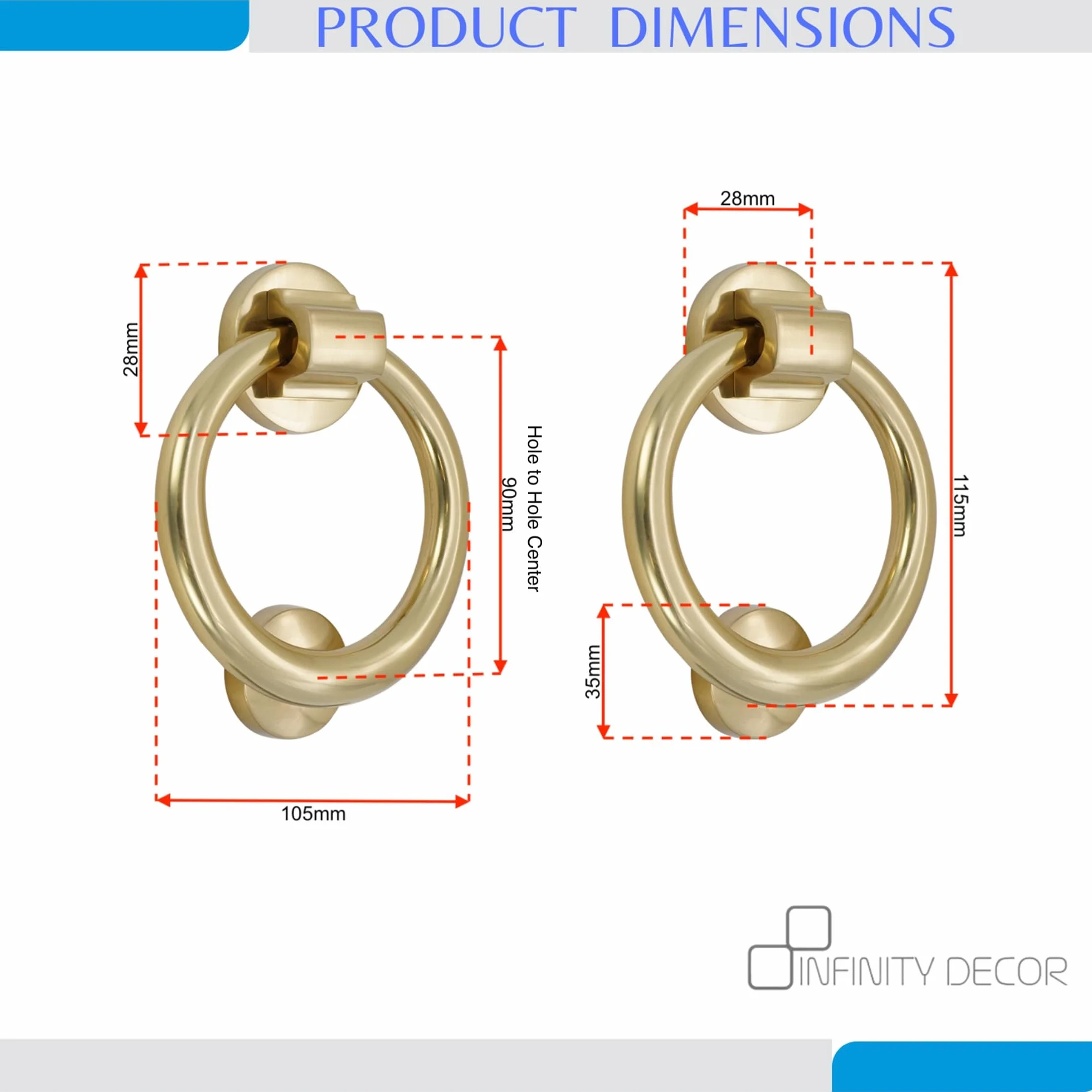 Infinity Decor Battente ad anello in ottone massiccio da 12,7 cm con finitura in ottone lucido – Battente per porta d'ingresso di alta qualità per mobili d'ingresso