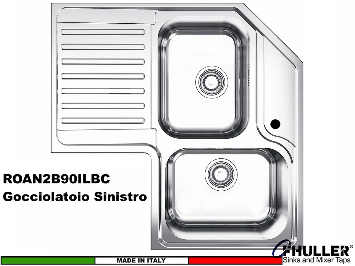 Lavello da Cucina Angolare FHULLER ROAN2B90, 83x83 cm, 2 Vasche, Acciaio Inox con Gocciolatoio