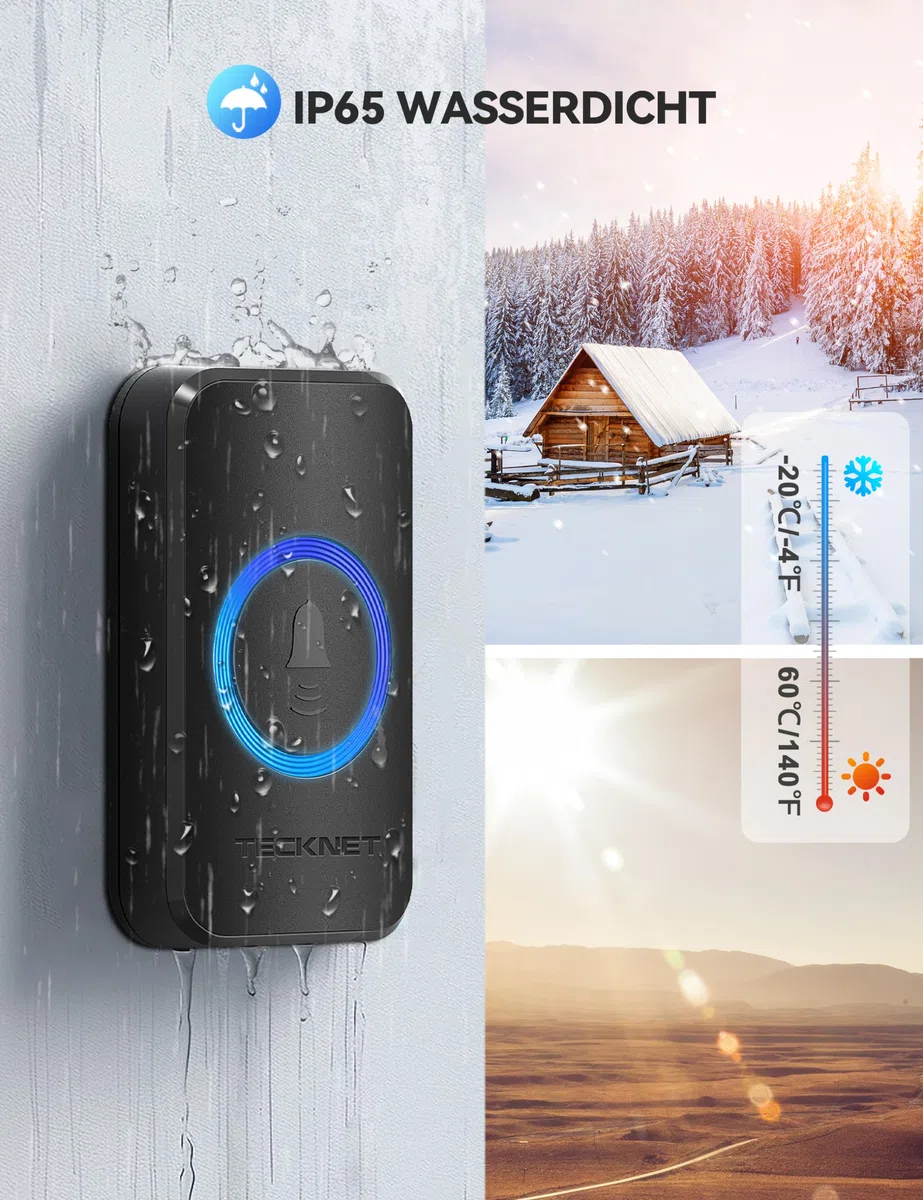 TECKNET Campanello Senza Fili Impermeabile IP65(1 Trasmettitore e 3 Ricevitore), Portata 400M, 5 Livelli Volume 60 Melodie, RGB Campanello Wireless Esterno, Nero