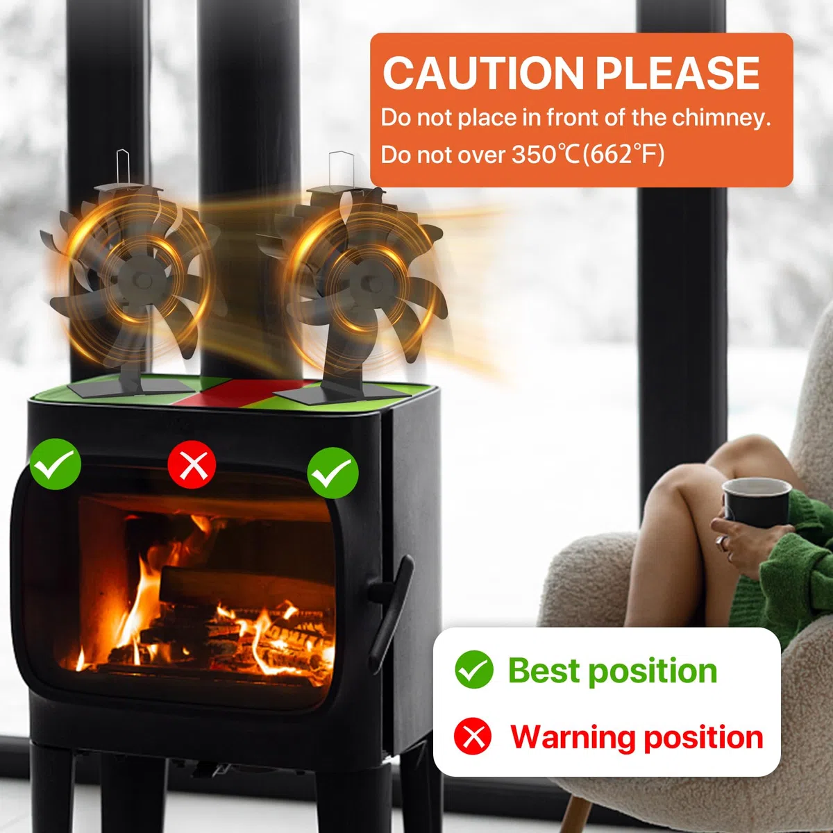 Ventola per Stufa a Legna, 7 Foglie Ventilatore per Stufa Non Elettrico, Ventilatore per Camino con Termometro, Ecologico Silenzioso Ventola Stufa a Gas Pellet Legna