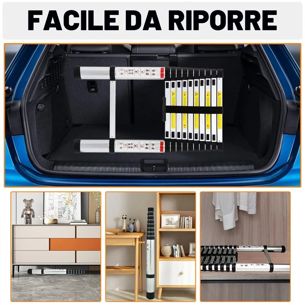 Scala telescopica in acciaio inox, 3,8 m, antiscivolo, allungabile, con 13 pioli, facile da trasportare, portata 150 kg